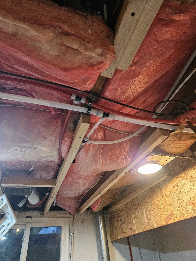 White and red plastic water lines clipped along wooden ceiling joists between rolls of pink insulation in a basement