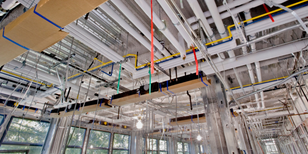 Plumbing roughed into a commercial building before the walls go up