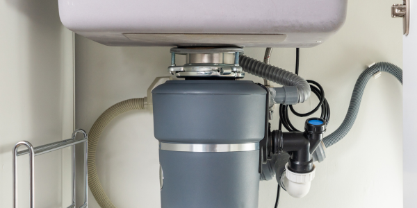 An under-sink view of a garbage disposal unit