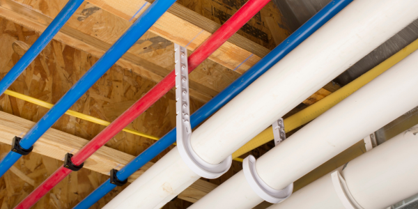 Hot, cold, and sewage pipes running through an unfinished basement ceiling