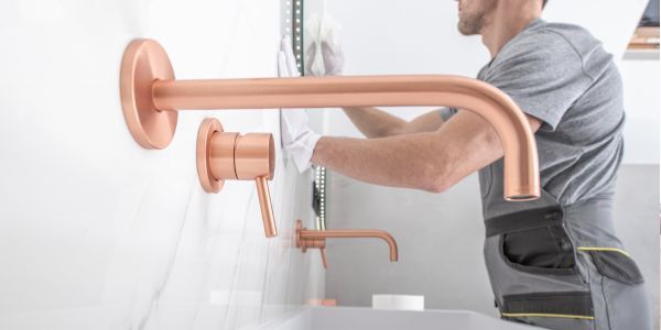 A plumber installing a copper shower valve during a remodel
