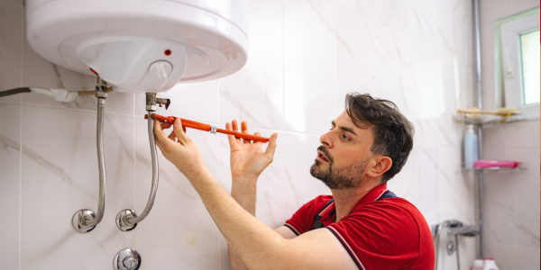 A plumber working on a hot water heater